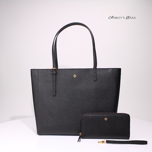 Tory Burch Large Leather Emerson Tote & Continental Wristlet Wallet In Black - Picture 1 of 13